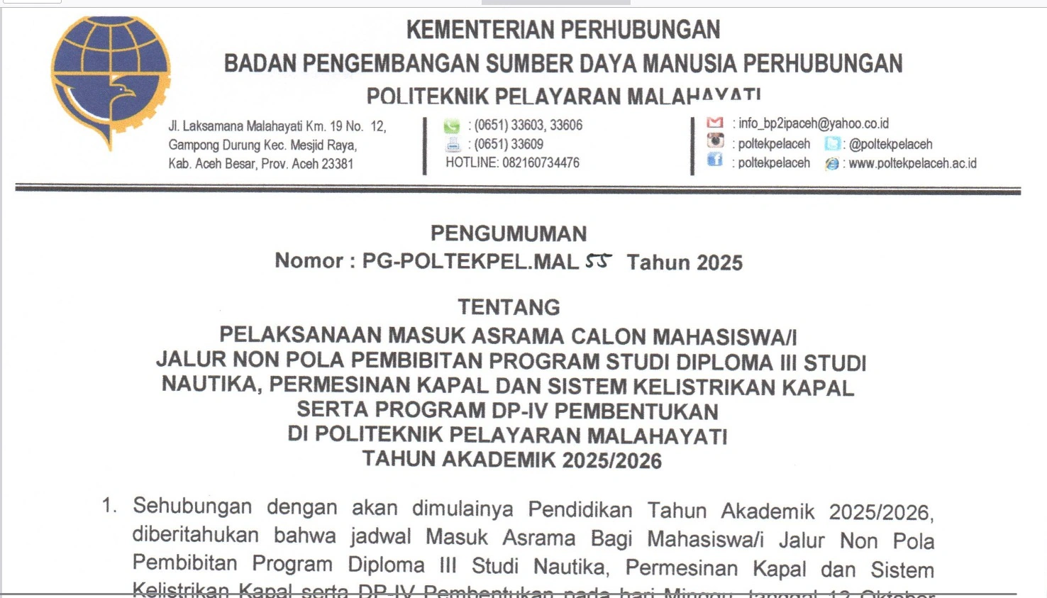 PG 55 PELAKSANAAN MASUK ASRAMA CALON MAHASISWA JALUR NON POLA PEMBIBITAN GEL 1&2 TAHUN 2025